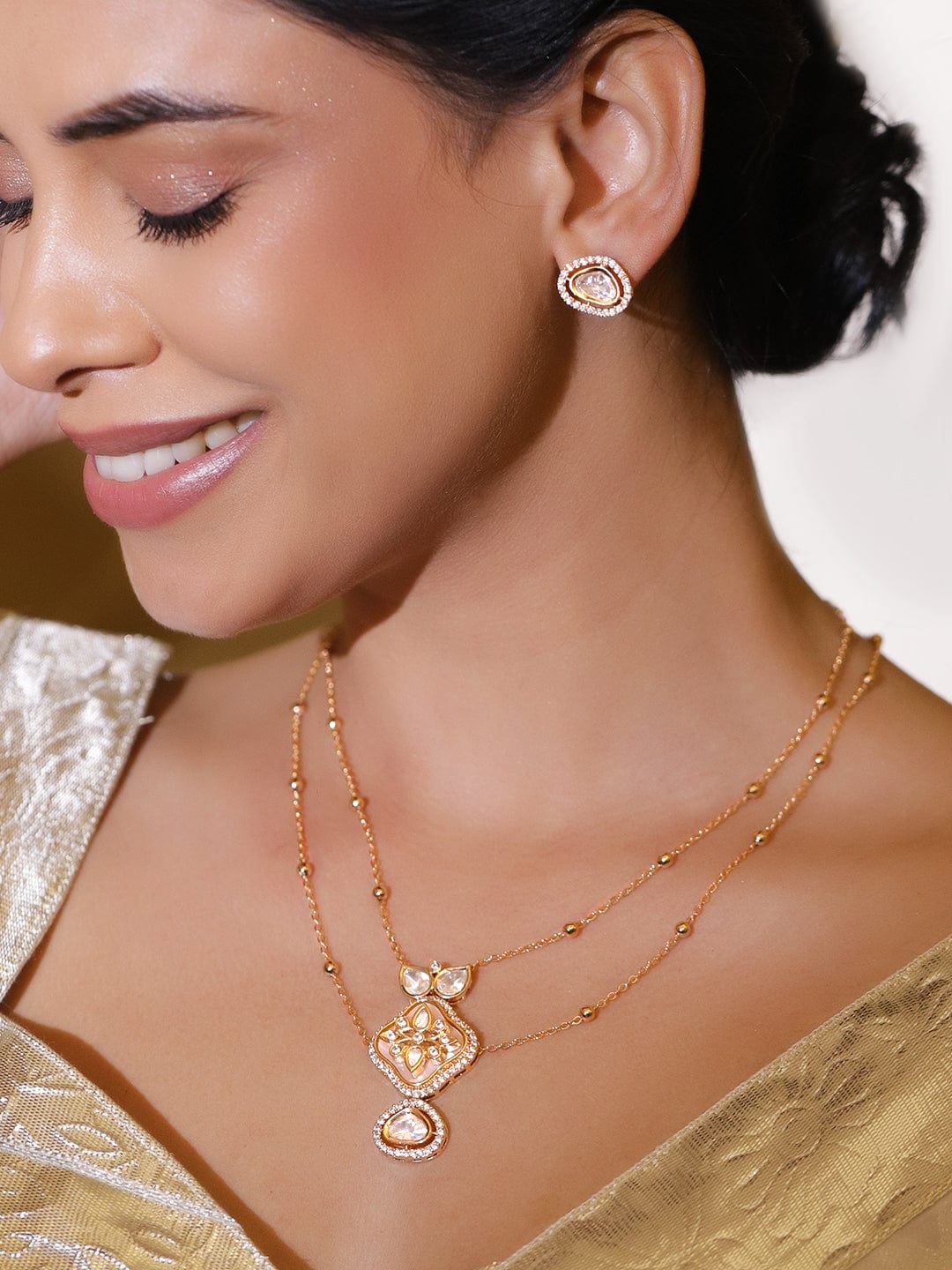 Rubans 22K Gold-Plated White Kundan & Cubic Zirconia Dual-Layer Pendant Necklace Set Necklace Set
