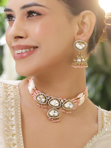 Rubans 22K Gold-Plated White Kundan & Cubic Zirconia Embellished Glossy Pastel Pink and White Multi-Strand Pearl Beaded Choker Necklace Set Necklace Sets
