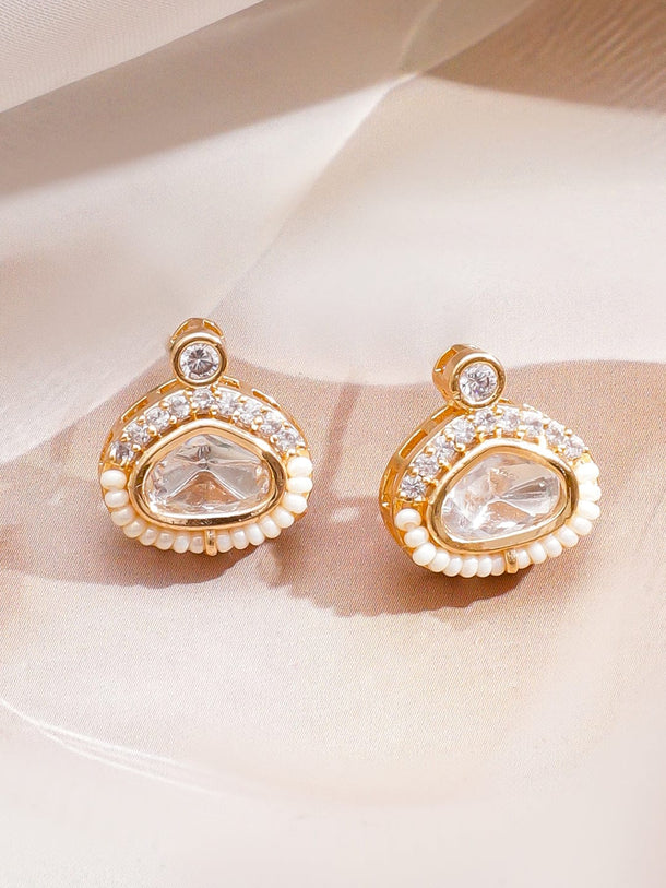 Rubans 22K Gold-Plated White Kundan & Cubic Zirconia Necklace Set with Pearl Beaded Detail Jewellery Set