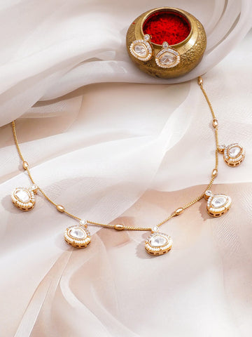 Rubans 22K Gold-Plated White Kundan & Cubic Zirconia Necklace Set with Pearl Beaded Detail Jewellery Set