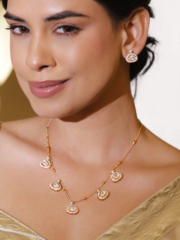 Rubans 22K Gold-Plated White Kundan & Cubic Zirconia Necklace Set with Pearl Beaded Detail Jewellery Set