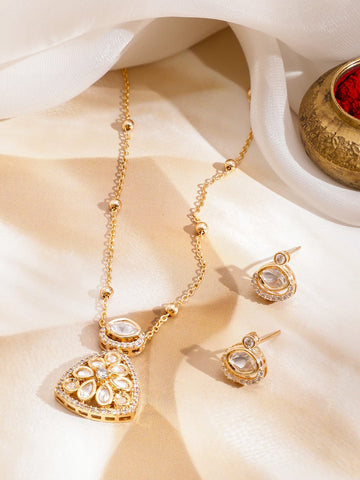 Rubans 22K Gold-Plated White Kundan & Cubic Zirconia Pendant Necklace Set with Earrings Jewellery Set