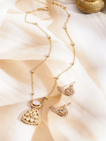 Rubans 22K Gold-Plated White Kundan & Cubic Zirconia Pendant Necklace Set with Earrings Jewellery Set