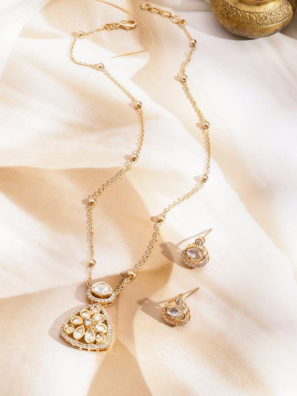 Rubans 22K Gold-Plated White Kundan & Cubic Zirconia Pendant Necklace Set with Earrings Jewellery Set