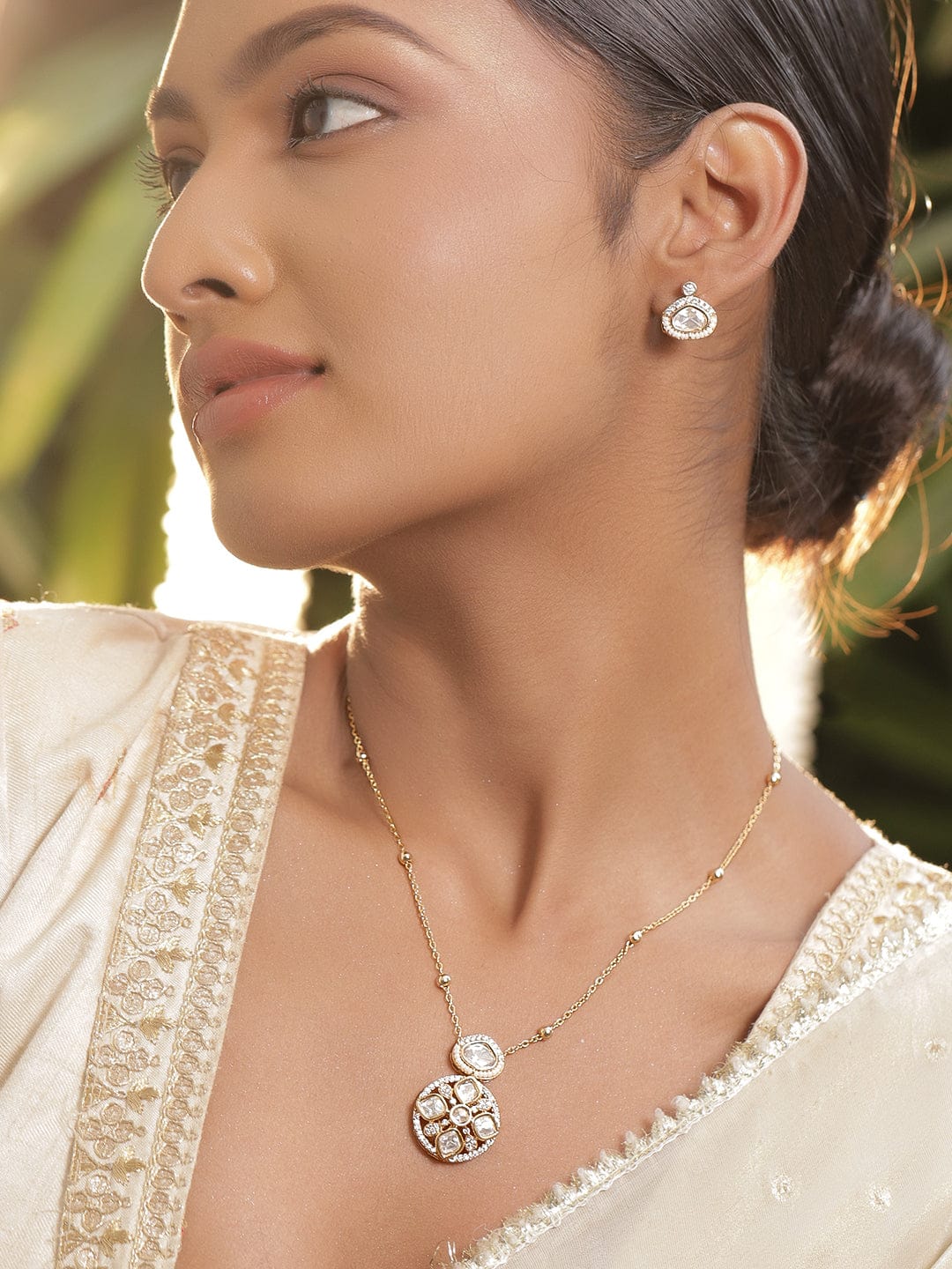 Rubans 22K Gold-Plated White Kundan & Cubic Zirconia Round Floral Pendant Set with Earring Jewellery Set