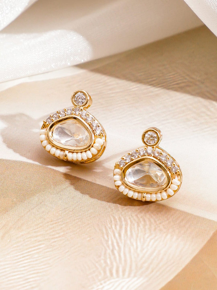 Rubans 22K Gold-Plated White Kundan & Cubic Zirconia Round Floral Pendant Set with Earring Jewellery Set