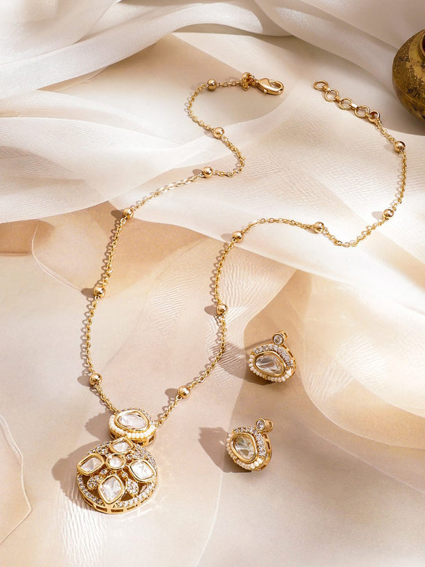 Rubans 22K Gold-Plated White Kundan & Cubic Zirconia Round Floral Pendant Set with Earring Jewellery Set
