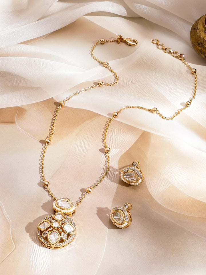 Rubans 22K Gold-Plated White Kundan & Cubic Zirconia Round Floral Pendant Set with Earring Jewellery Set