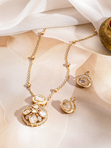 Rubans 22K Gold-Plated White Kundan & Cubic Zirconia Round Floral Pendant Set with Earring Necklaces, Necklace Sets, Chains & Mangalsutra