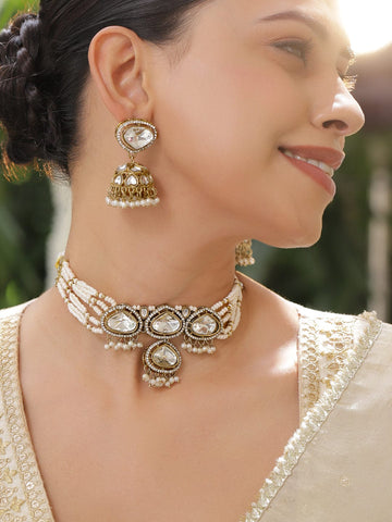 Rubans 22K Gold-Plated White Kundan & Cubic Zirconia Studded Choker Necklace Set with Glossy Pearl Beads Necklace Sets