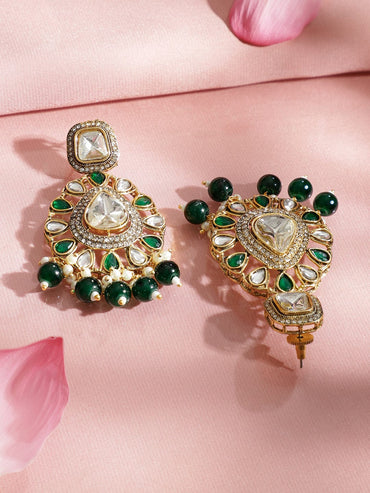 Rubans 22K Gold-Plated White Kundan & Cubic Zirconia Studded Handcrafted Necklace Set with Green Pearl Beads Jewellery Set