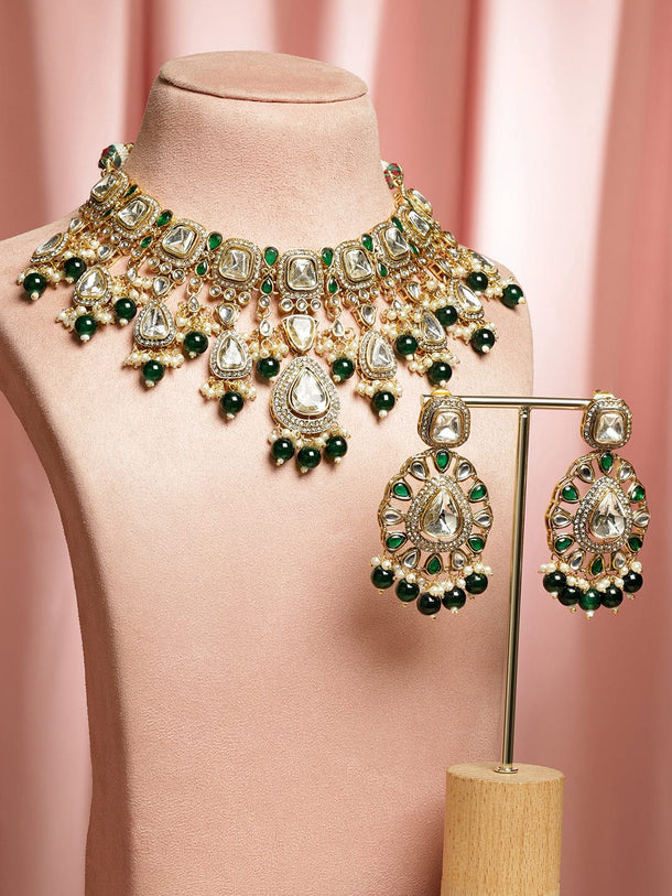 Rubans 22K Gold-Plated White Kundan & Cubic Zirconia Studded Handcrafted Necklace Set with Green Pearl Beads Jewellery Set