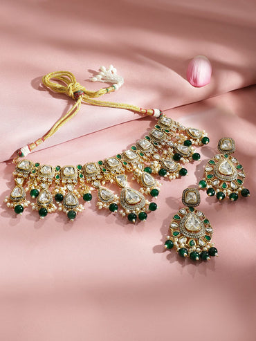 Rubans 22K Gold-Plated White Kundan & Cubic Zirconia Studded Handcrafted Necklace Set with Green Pearl Beads Jewellery Set
