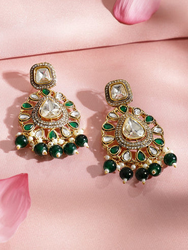 Rubans 22K Gold-Plated White Kundan & Cubic Zirconia Studded Handcrafted Necklace Set with Green Pearl Beads Jewellery Set