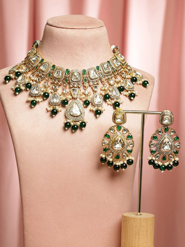 Rubans 22K Gold-Plated White Kundan & Cubic Zirconia Studded Handcrafted Necklace Set with Green Pearl Beads Jewellery Set