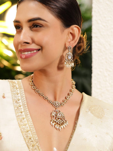 Rubans 22K Gold-Plated White Kundan, Cubic Zirconia Studded Necklace Set with Pearl Beads Drop Jewellery Set