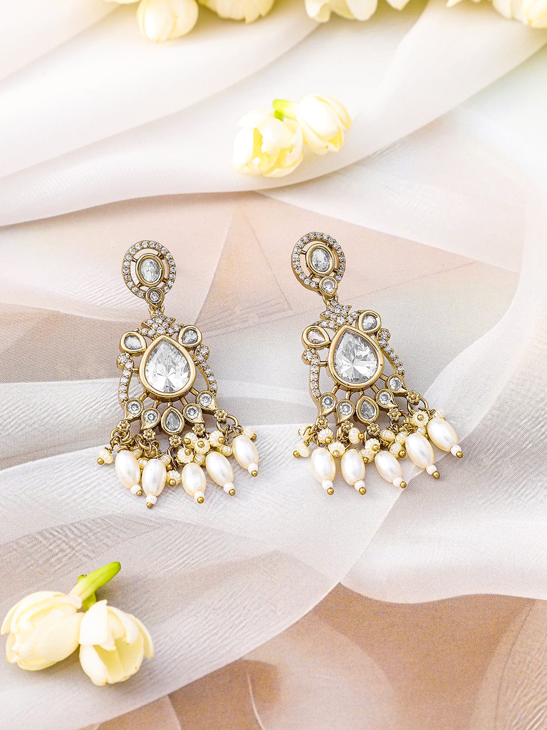 Rubans 22K Gold-Plated White Kundan, Cubic Zirconia Studded Necklace Set with Pearl Beads Drop Jewellery Set