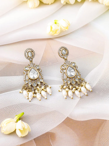 Rubans 22K Gold-Plated White Kundan, Cubic Zirconia Studded Necklace Set with Pearl Beads Drop Jewellery Set