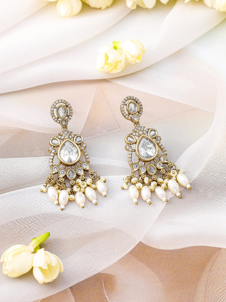 Rubans 22K Gold-Plated White Kundan, Cubic Zirconia Studded Necklace Set with Pearl Beads Drop Jewellery Set