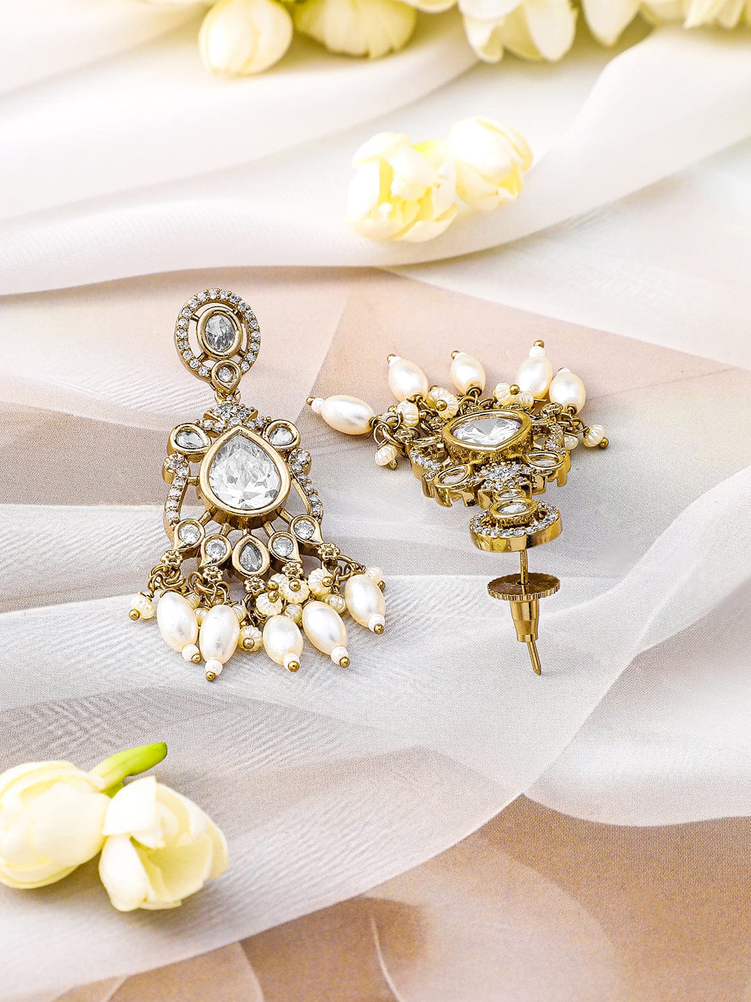 Rubans 22K Gold-Plated White Kundan, Cubic Zirconia Studded Necklace Set with Pearl Beads Drop Jewellery Set