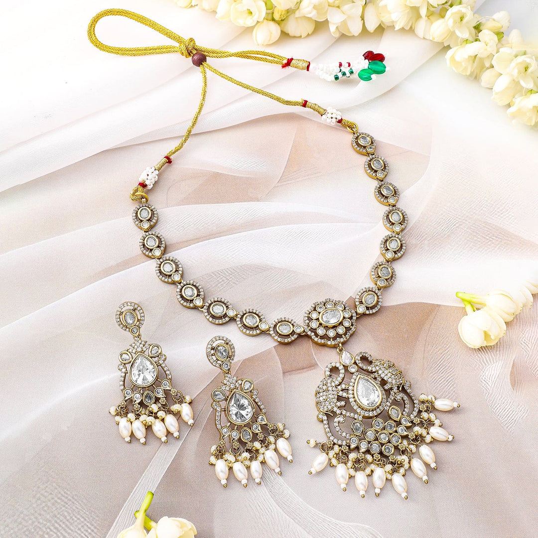 Rubans 22K Gold-Plated White Kundan, Cubic Zirconia Studded Necklace Set with Pearl Beads Drop Jewellery Set