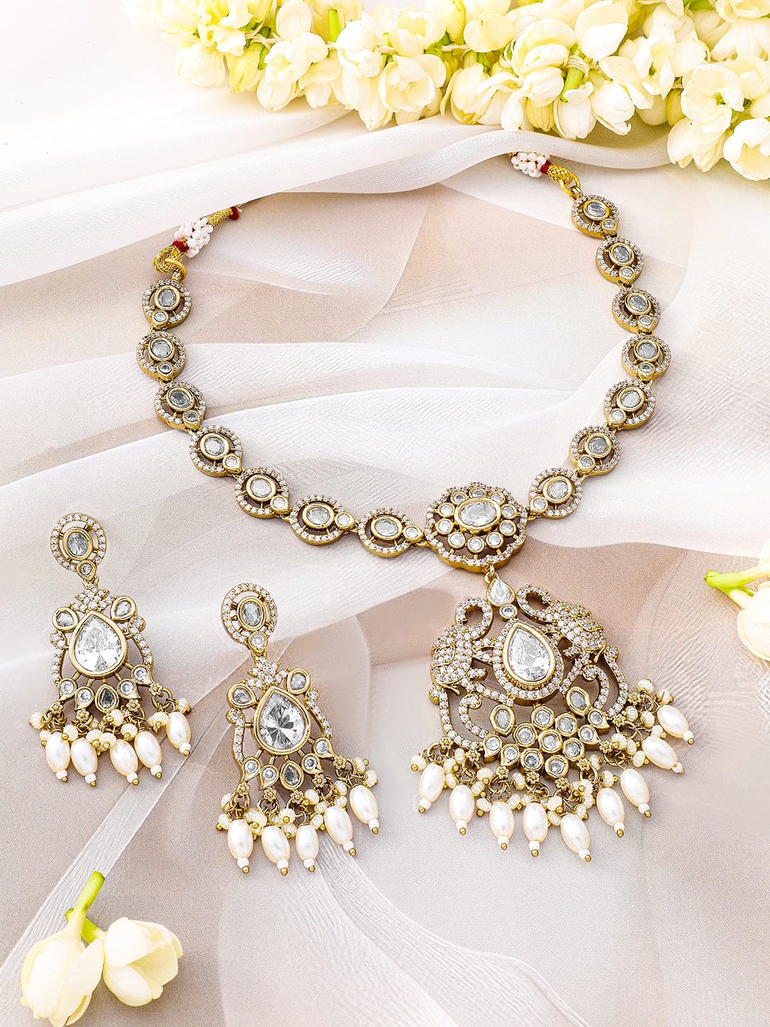 Rubans 22K Gold-Plated White Kundan, Cubic Zirconia Studded Necklace Set with Pearl Beads Drop Jewellery Set