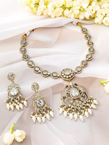 Rubans 22K Gold-Plated White Kundan, Cubic Zirconia Studded Necklace Set with Pearl Beads Drop Jewellery Set