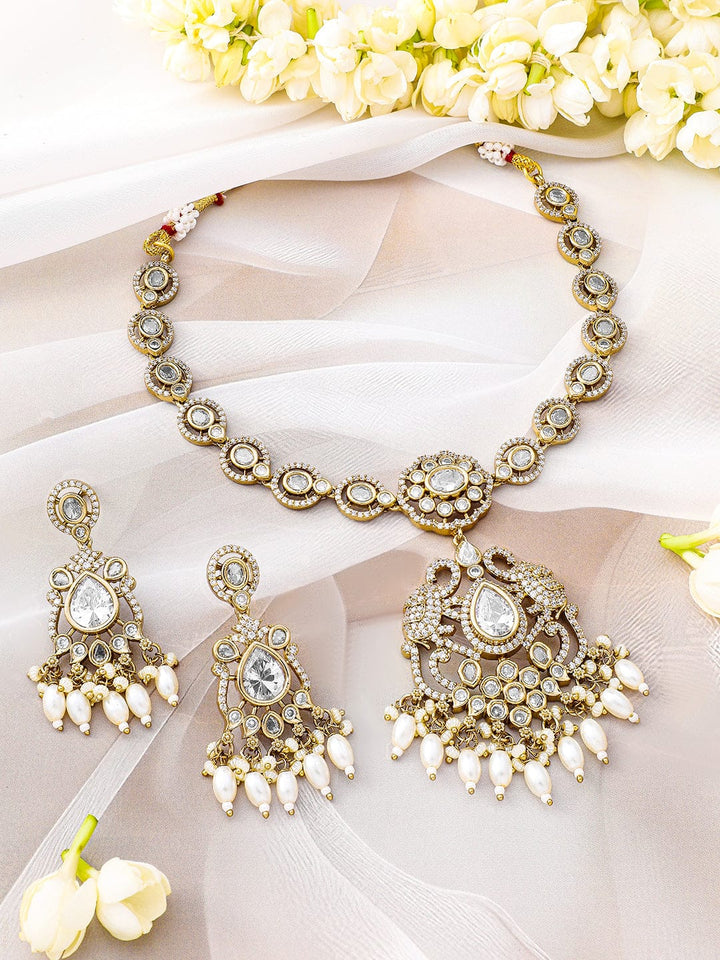 Rubans 22K Gold-Plated White Kundan, Cubic Zirconia Studded Necklace Set with Pearl Beads Drop Jewellery Set