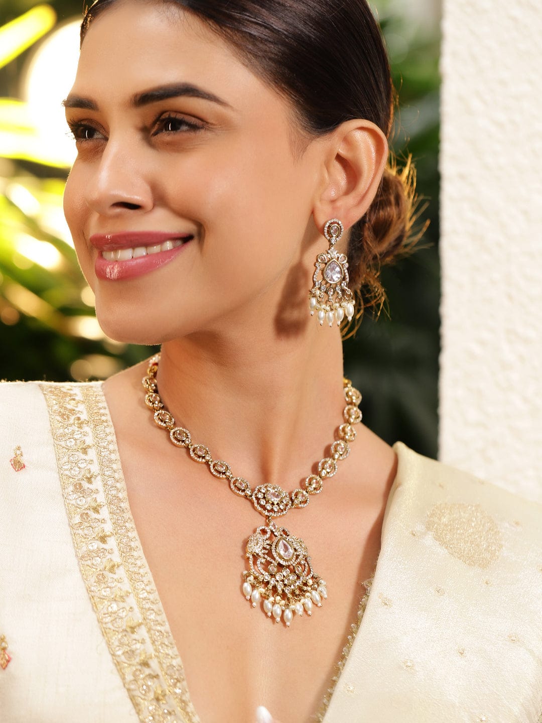 Rubans 22K Gold-Plated White Kundan, Cubic Zirconia Studded Necklace Set with Pearl Beads Drop Necklace Set