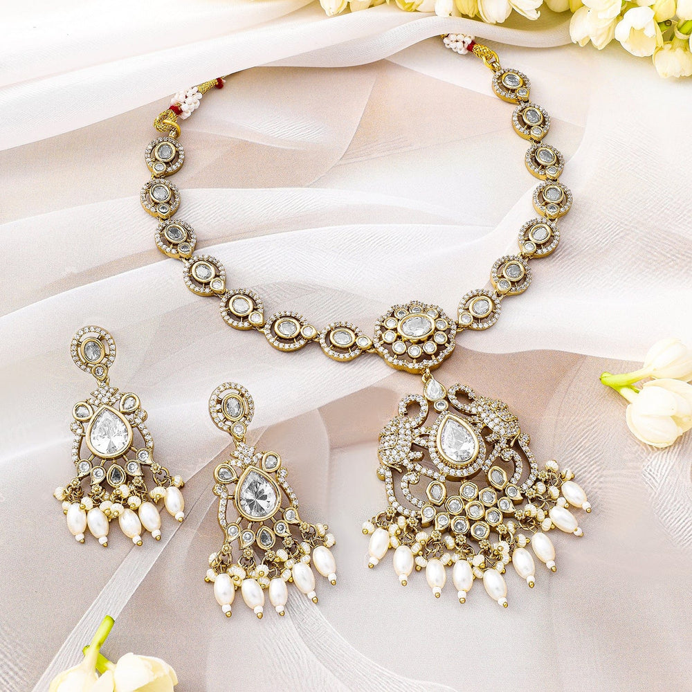 Rubans 22K Gold-Plated White Kundan, Cubic Zirconia Studded Necklace Set with Pearl Beads Drop Necklace Set