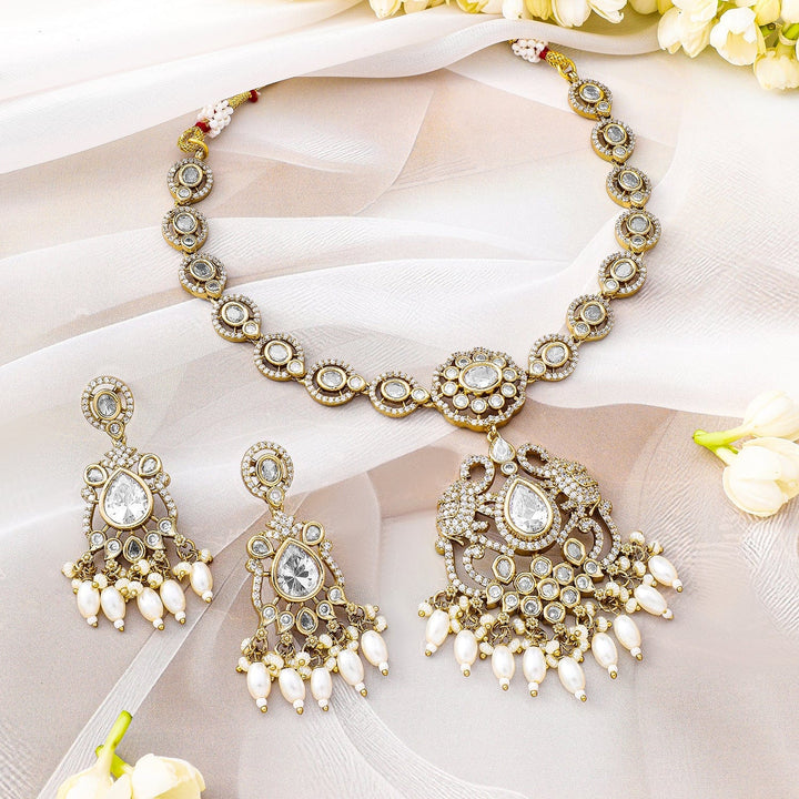 Rubans 22K Gold-Plated White Kundan, Cubic Zirconia Studded Necklace Set with Pearl Beads Drop Necklace Set