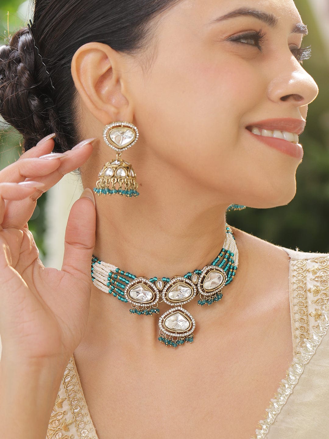 Rubans 22K Gold-Plated White Kundan, Cubic Zirconia, Teal Blue Green-White Pearl Beaded Choker Set Necklace Sets