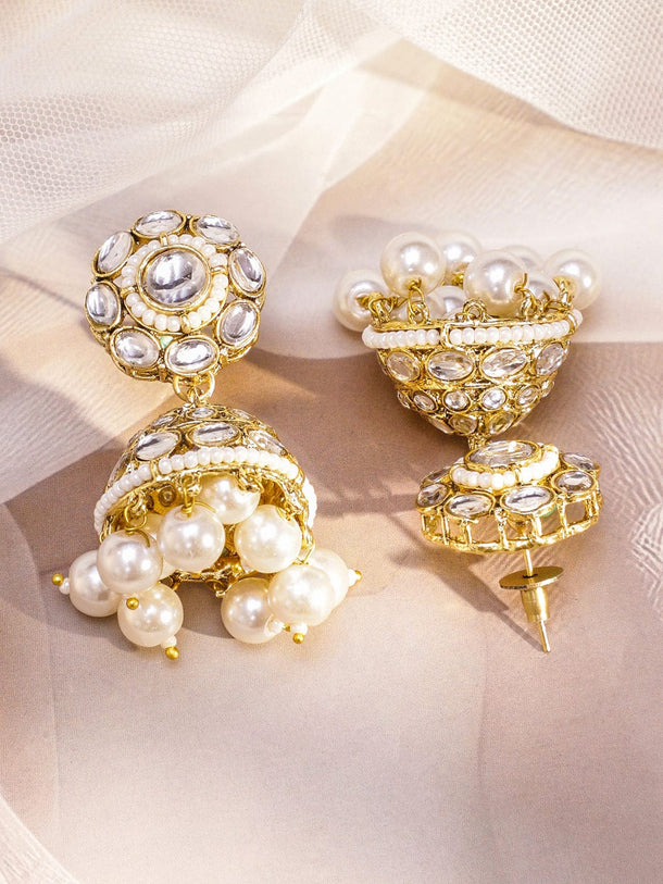 Rubans 22K Gold-Plated White Kundan & CZ Double Layer Necklace Set with White Pearl Beaded Jewellery Set