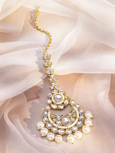 Rubans 22K Gold-Plated White Kundan & CZ Double Layer Necklace Set with White Pearl Beaded Jewellery Set