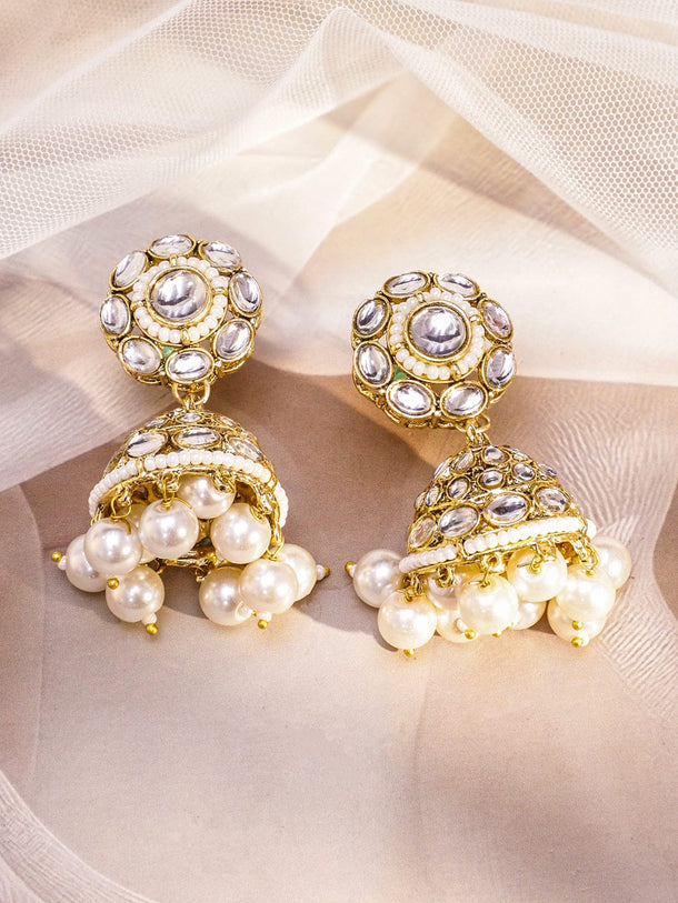 Rubans 22K Gold-Plated White Kundan & CZ Double Layer Necklace Set with White Pearl Beaded Jewellery Set