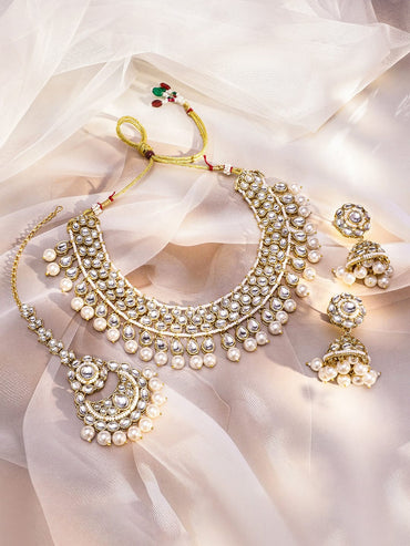 Rubans 22K Gold-Plated White Kundan & CZ Double Layer Necklace Set with White Pearl Beaded Jewellery Set