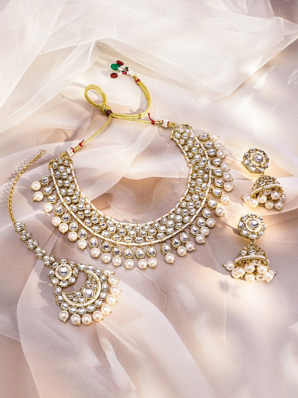Rubans 22K Gold-Plated White Kundan & CZ Double Layer Necklace Set with White Pearl Beaded Jewellery Set