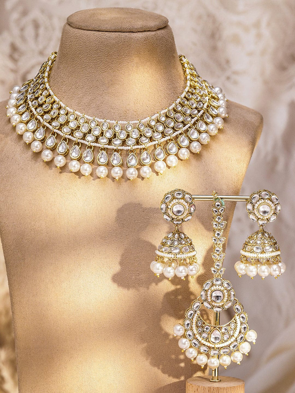 Rubans 22K Gold-Plated White Kundan & CZ Double Layer Necklace Set with White Pearl Beaded Jewellery Set