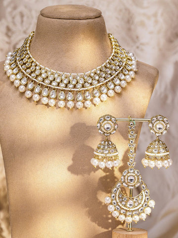 Rubans 22K Gold-Plated White Kundan & CZ Double Layer Necklace Set with White Pearl Beaded Jewellery Set