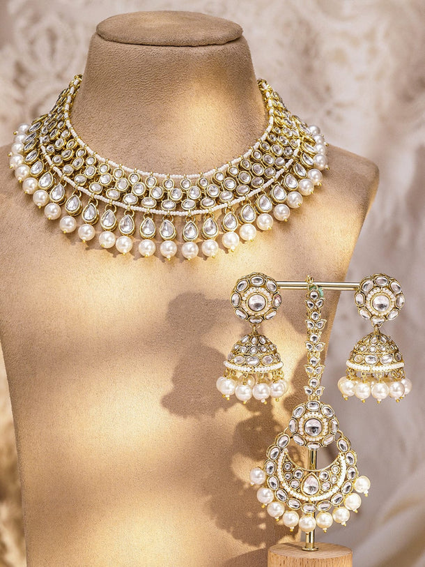 Rubans 22K Gold-Plated White Kundan & CZ Double Layer Necklace Set with White Pearl Beaded Jewellery Set