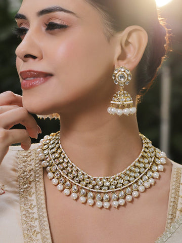 Rubans 22K Gold-Plated White Kundan & CZ Double Layer Necklace Set with White Pearl Beaded Jewellery Set