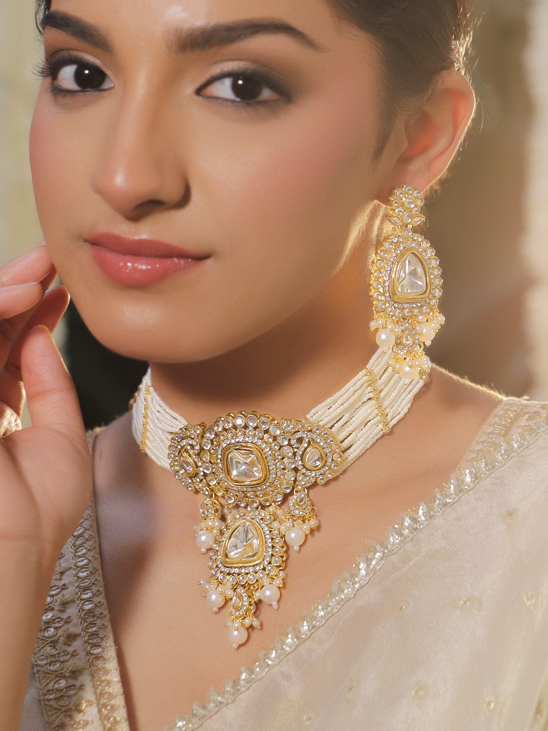 Rubans 22K Gold-Plated White Kundan,CZ & Glossy Pearl Beads Multi-Layered Jewellery Set Jewellery Set