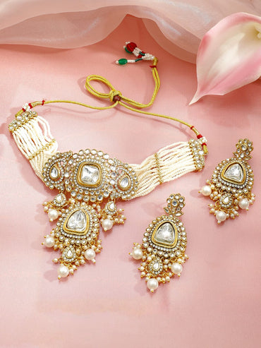 Rubans 22K Gold-Plated White Kundan,CZ & Glossy Pearl Beads Multi-Layered Jewellery Set Jewellery Set