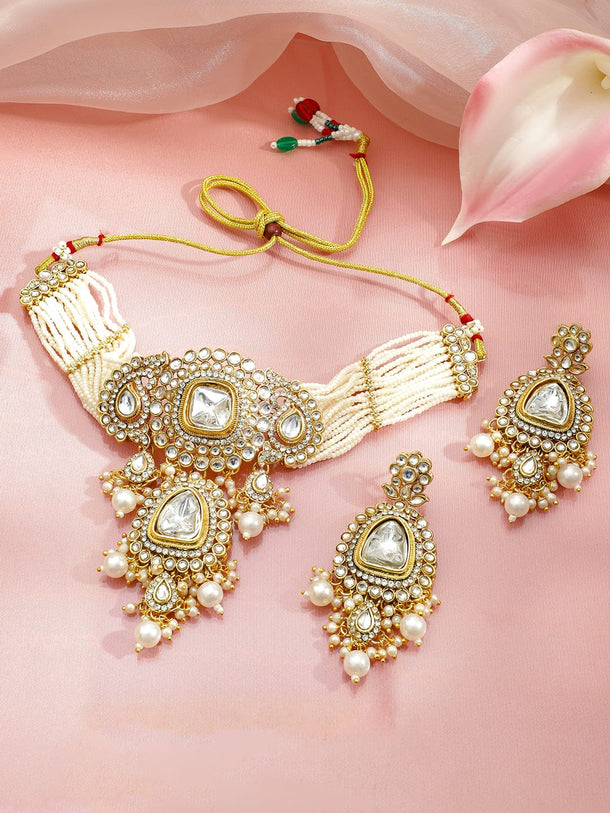 Rubans 22K Gold-Plated White Kundan,CZ & Glossy Pearl Beads Multi-Layered Jewellery Set Jewellery Set