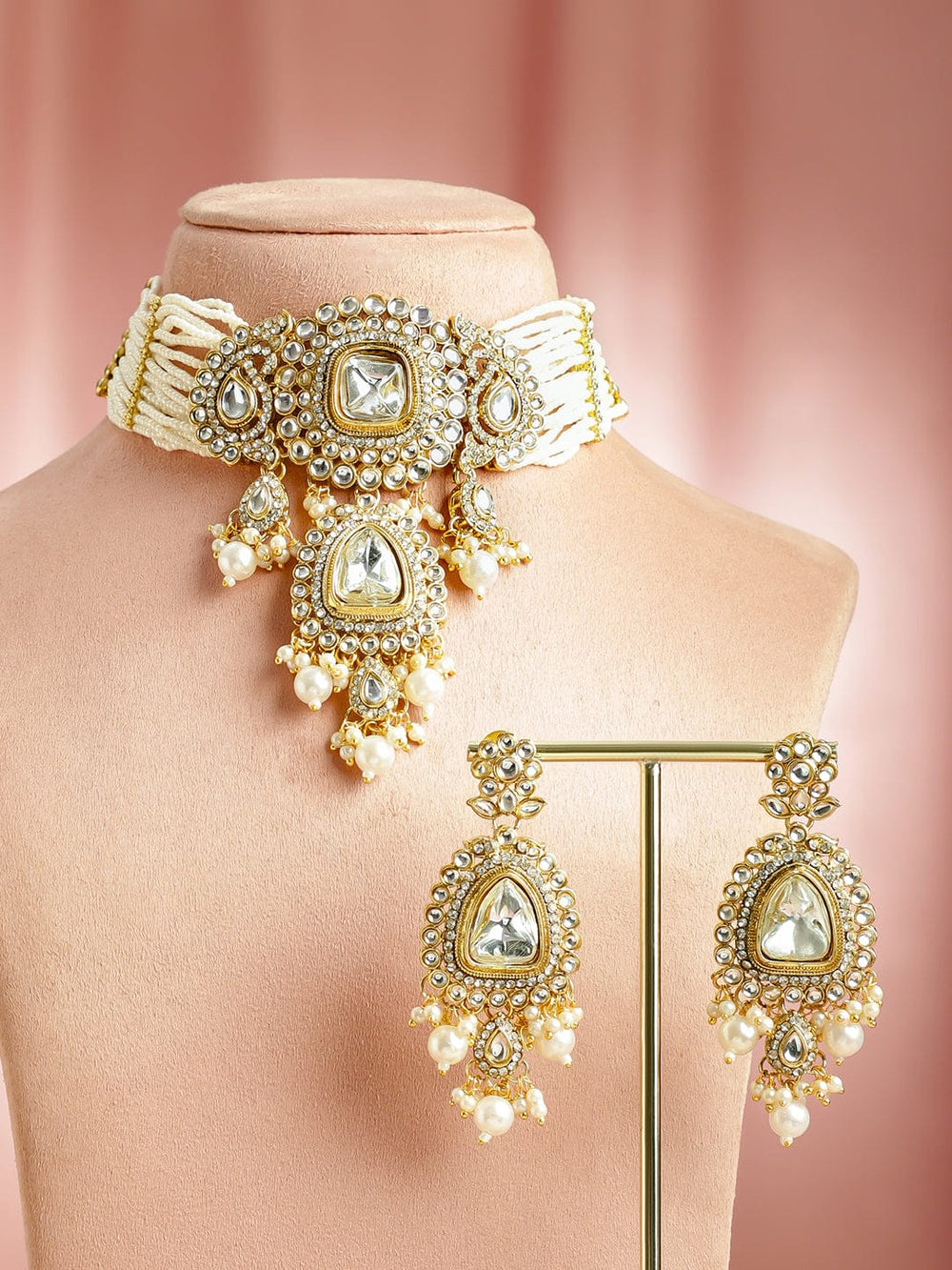 Rubans 22K Gold-Plated White Kundan,CZ & Glossy Pearl Beads Multi-Layered Jewellery Set Jewellery Set