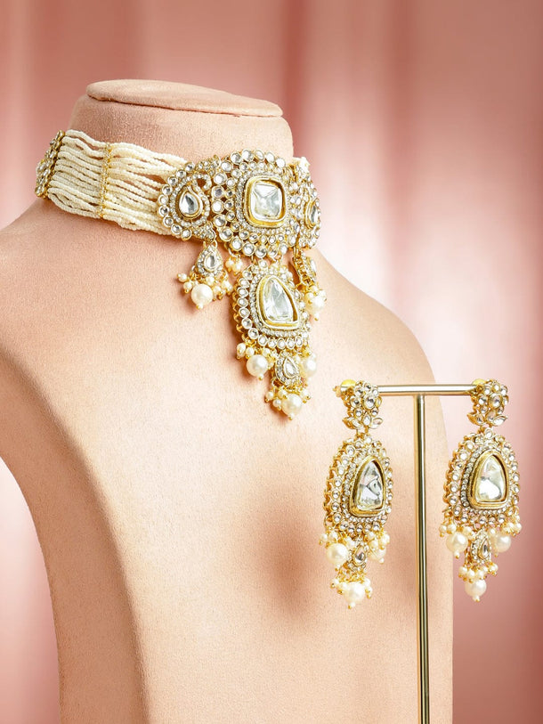 Rubans 22K Gold-Plated White Kundan,CZ & Glossy Pearl Beads Multi-Layered Jewellery Set Jewellery Set