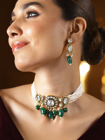 Rubans 22K Gold-Plated White Kundan & Emerald Green Beaded Pearl-Strands Jewellery Set Choker, Choker set & Kundan Choker set