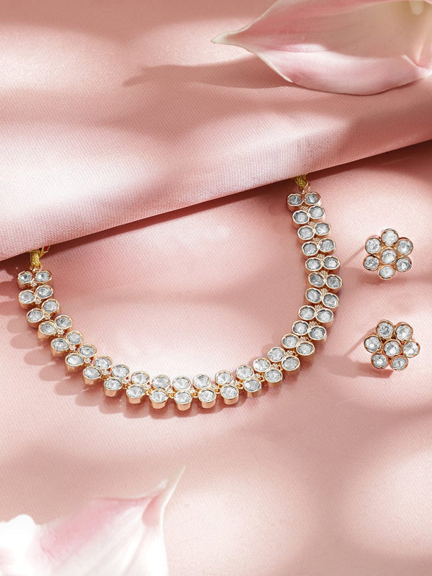 Rubans 22K Gold-Plated White Kundan Floral Choker Necklace Set with Stud Earrings Necklace Sets