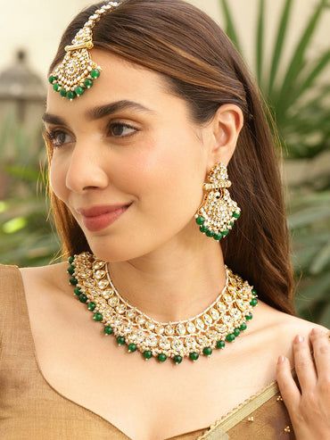 Rubans 22K Gold-Plated White Kundan & Green-White Pearl Bead Drops Handcrafted Bridal Necklace Set Necklaces, Necklace Sets, Chains & Mangalsutra