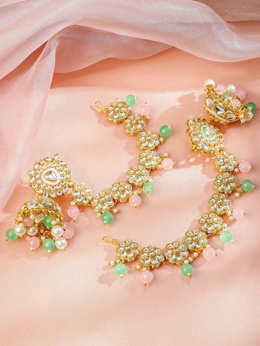 Rubans 22K Gold-Plated White Kundan Kan Chain Earrings with Pastel Green & Pink Pearls Beads and Enamel Detailing Earrings